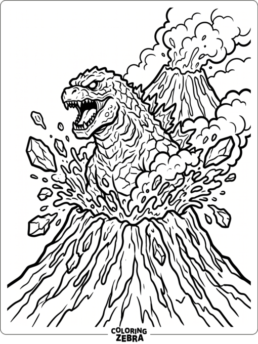 A fiery monster rises from a volcano with lava rocks nearby