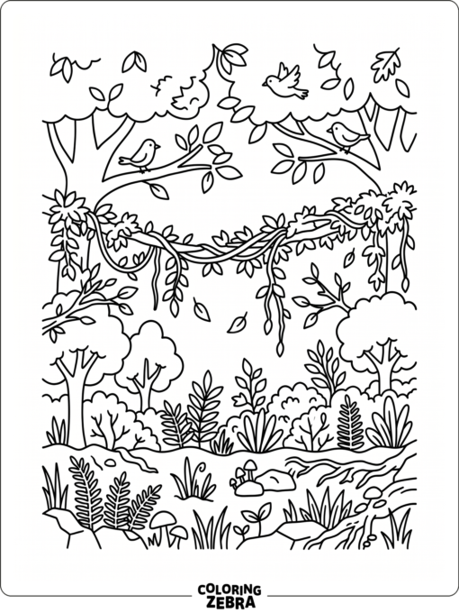 A rainforest scene showing canopy, vines, and ground plants