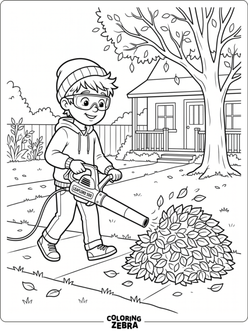 A leaf blower moving leaves into a pile