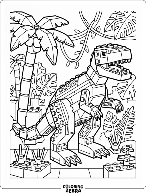 A blocky Lego-style indominus rex in a simple jungle