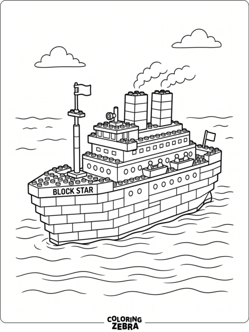 A block-built ocean liner floating on calm water