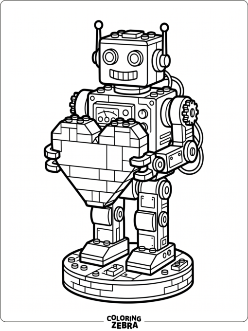 A brick robot holding a heart