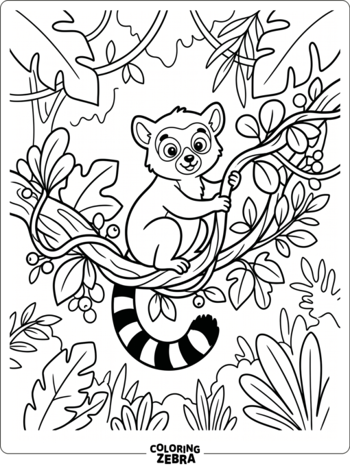 A lemur perched on a vine with leaves and open space