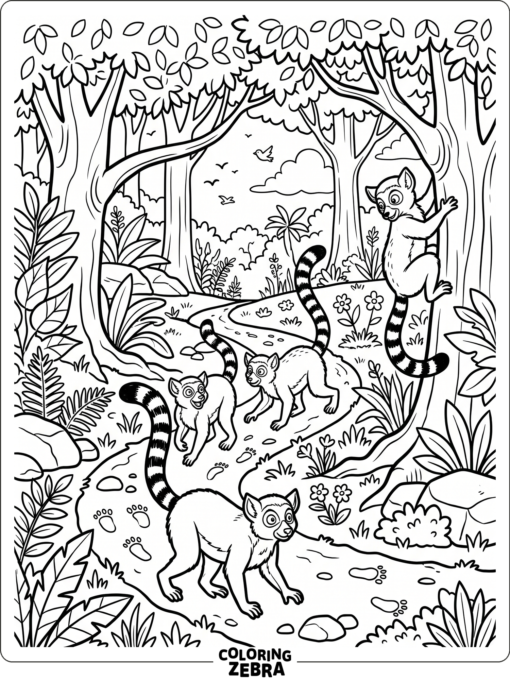 A group of lemurs exploring a forest path together