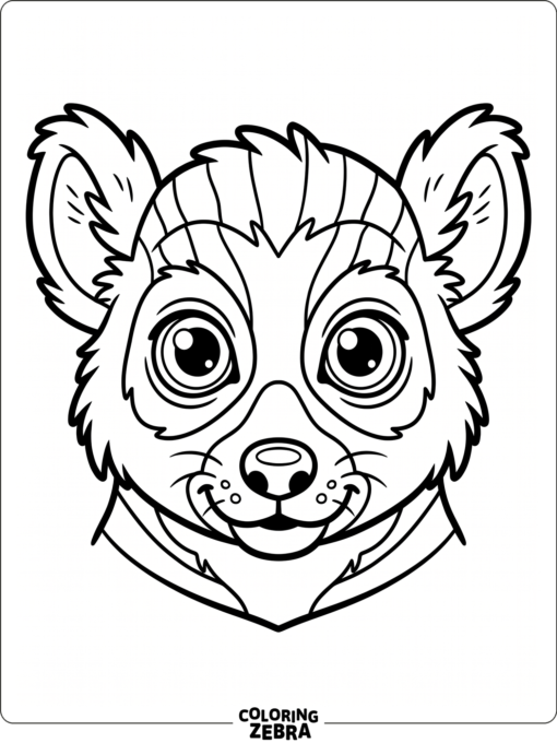 A lemur face close up with big eyes and striped fur