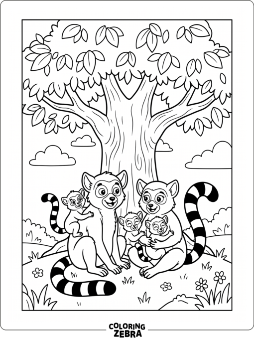 A lemur family sits together under a broad tree