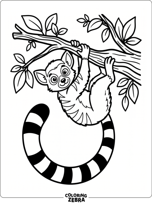 A lemur hangs from a tree branch with its tail curved below