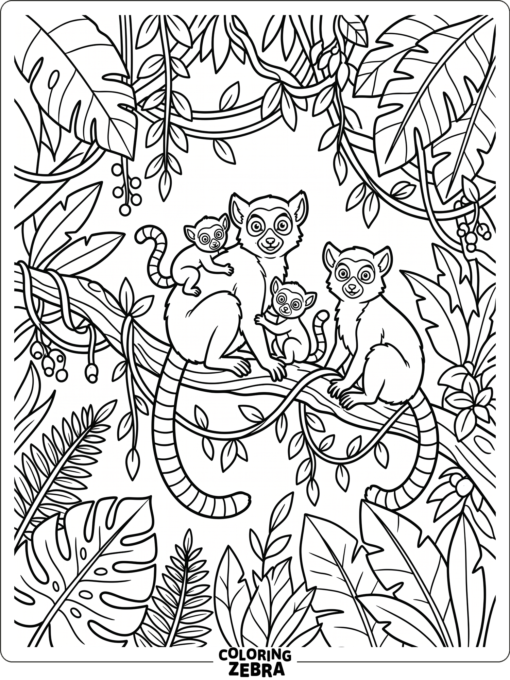 A lemur family in a simple jungle scene