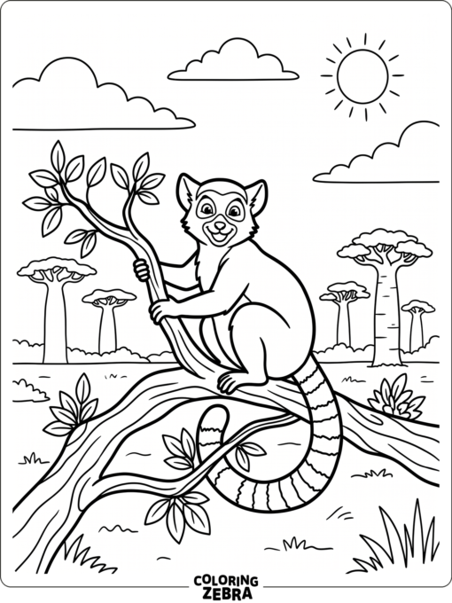 A lemur on a branch with baobab trees in the background