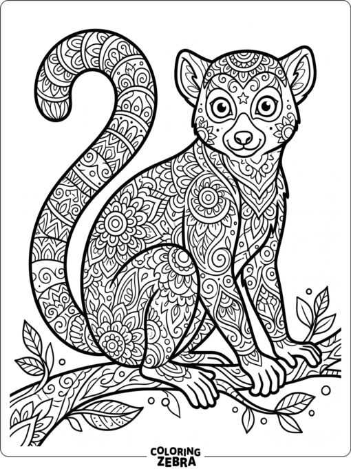 A lemur surrounded by mandala patterns and decorative shapes