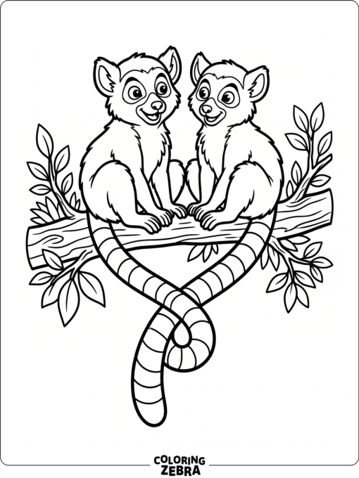 Two lemurs sitting together on a branch