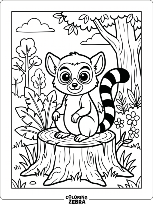 A lemur with large eyes sitting on a stump