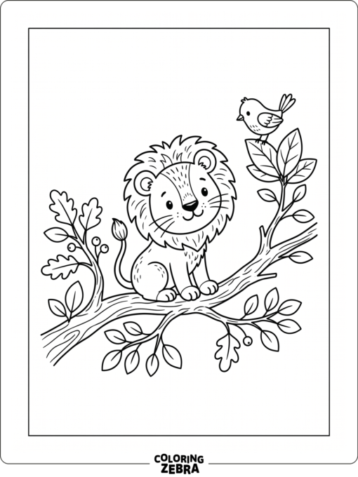 A small lion with a leaf and a bird