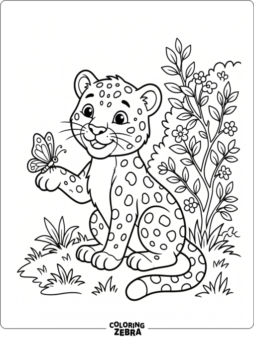 A friendly leopard cub holding a butterfly