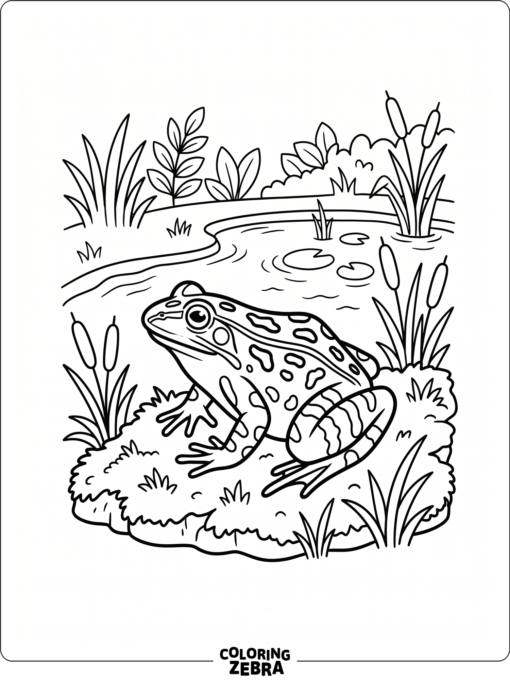 A leopard frog near grass and a small pond