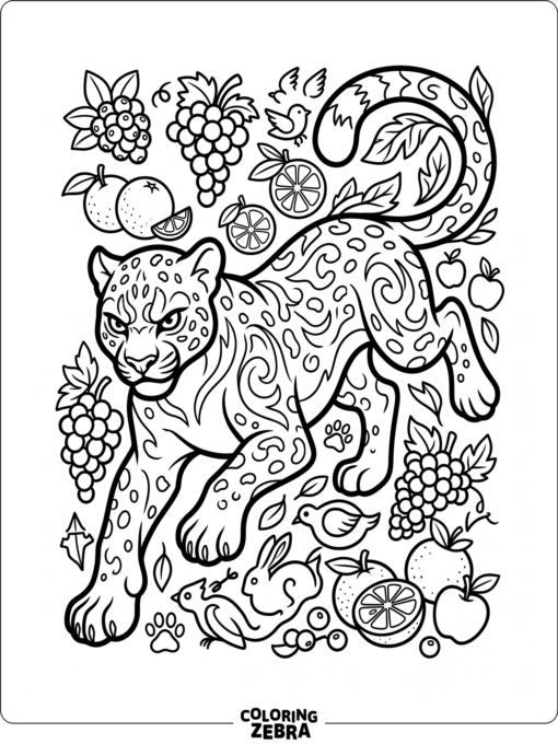 A fantasy leopard with fruit and game icons around it