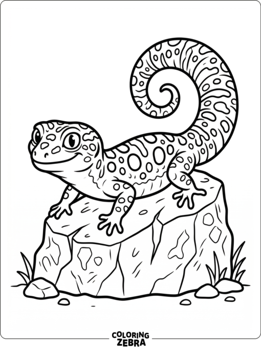 A leopard gecko sits on a rock with a curled tail