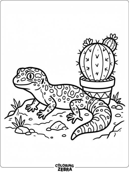 A spotted leopard gecko rests beside a small cactus