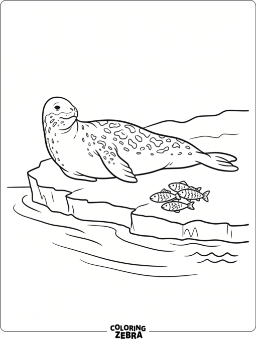 A leopard seal resting beside fish on ice