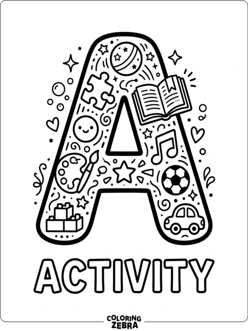 La letra A está rodeada de sencillos iconos de actividades, como un rompecabezas, una pelota y un libro.