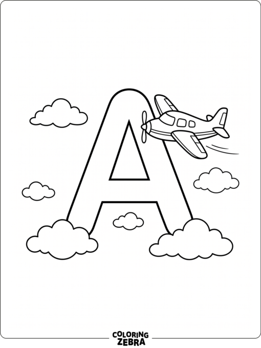 Una letra A con un avioncito y unas nubes