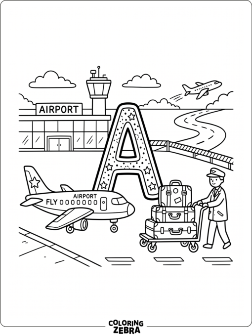 Se muestra la letra A en una escena de un aeropuerto impecable, con un avión, un carrito de equipaje y los letreros de la terminal.