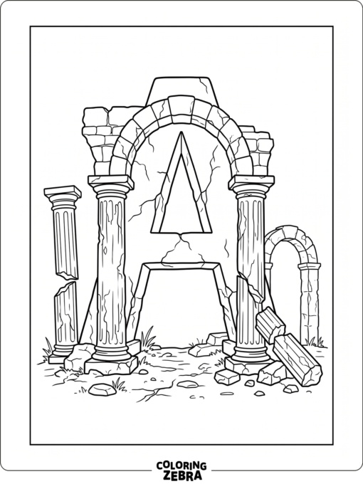 La letra A se encuentra junto a unas ruinas antiguas con arcos, columnas y algunas piedras dispersas.