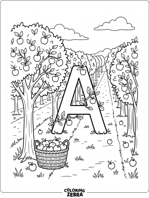 La letra A se encuentra en un sencillo huerto de manzanos con cestas y hileras de árboles.