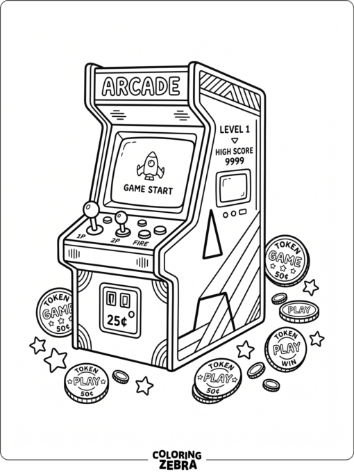 Aparece una letra A junto a una sencilla máquina recreativa con fichas de juego en el suelo.