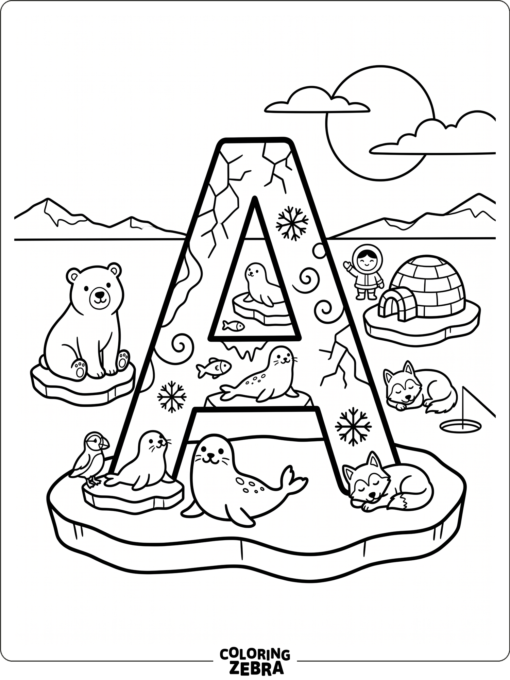 Se muestra una letra A con un oso polar, una foca y un pingüino sobre pequeños témpanos de hielo.