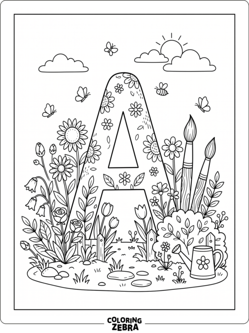 La letra A aparece entre flores, pinceles y algunas plantas frondosas en una escena de jardín bien cuidada.