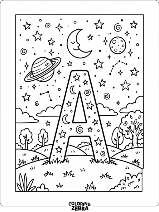 Una letra A debajo de una luna, estrellas y planetas
