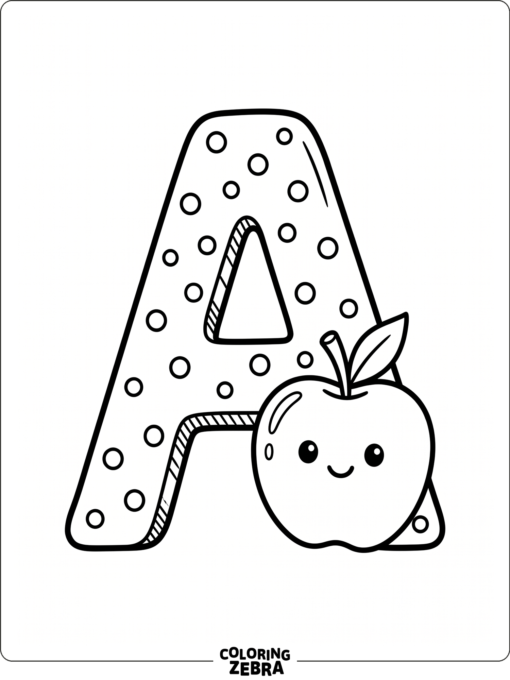 Una «A» grande con una manzana y unos puntitos