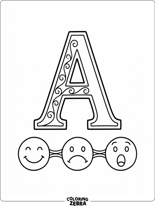Una letra A bien definida está rodeada de caras que expresan emociones sencillas, con contornos marcados.
