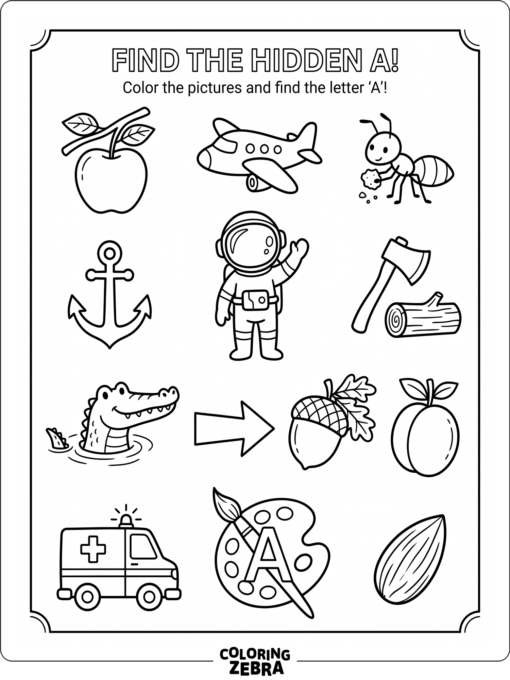 Una gran letra A está rodeada de unos cuantos objetos fáciles de encontrar, dispuestos en un diseño sencillo de «busca y encuentra».