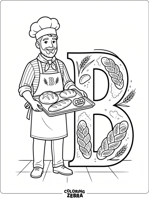 Un panadero con una bandeja junto a una gran letra B