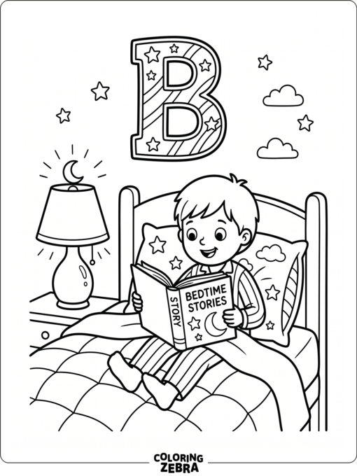 Un niño leyendo junto a una lámpara y una B grande