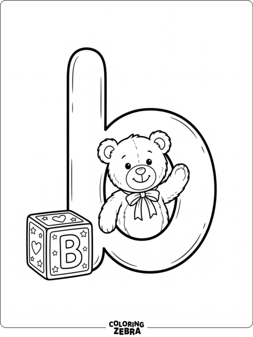 Una «b» mayúscula con un osito de peluche y un bloque