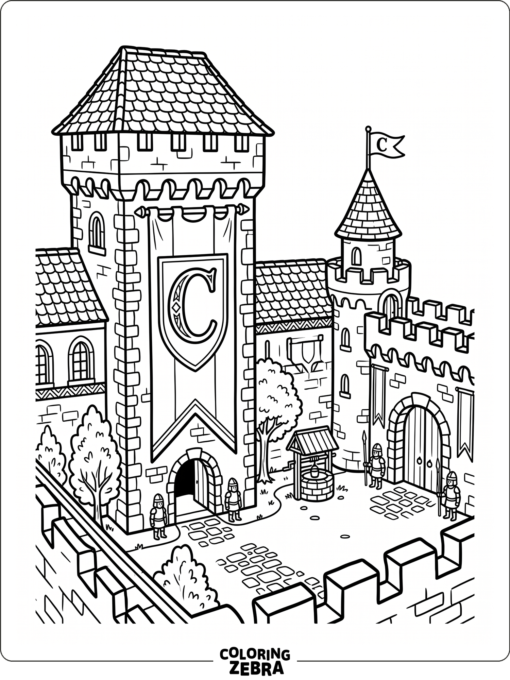 El patio de un castillo con una pancarta gigante en forma de C