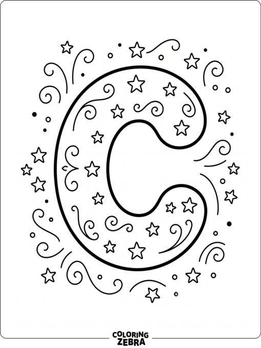A bold letter C with simple stars and swirls