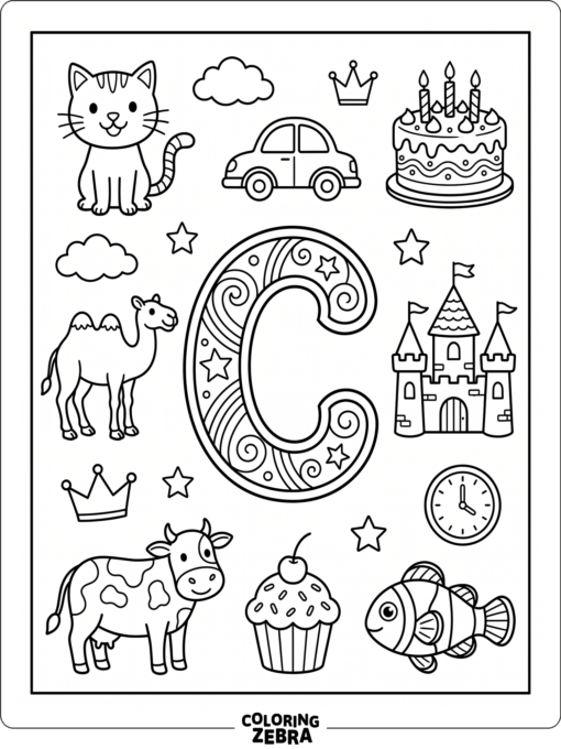 Una página con la letra C, pensada para los más pequeños, con objetos sencillos