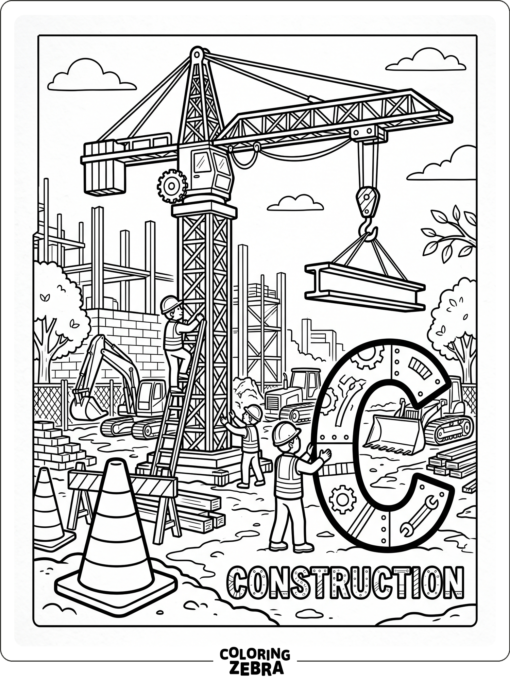 Una obra con una grúa, un cono y una «C» grande