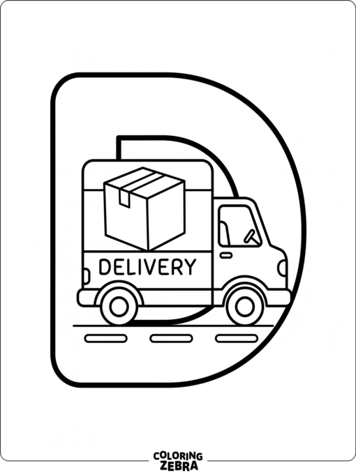 Un camión de reparto transporta una caja junto a una gran letra D
