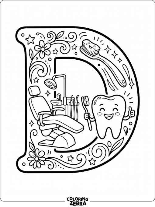 Junto a una llamativa letra D hay un sillón de dentista y un diente