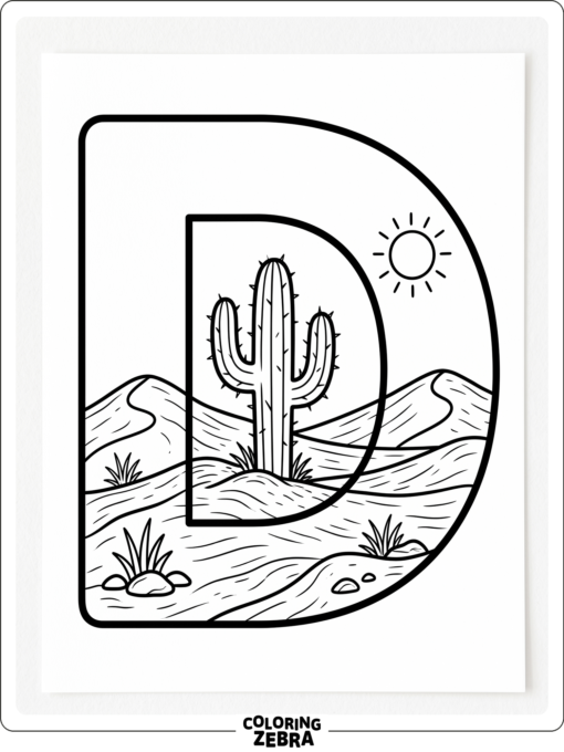 En el desierto hay un cactus junto a una gran letra D