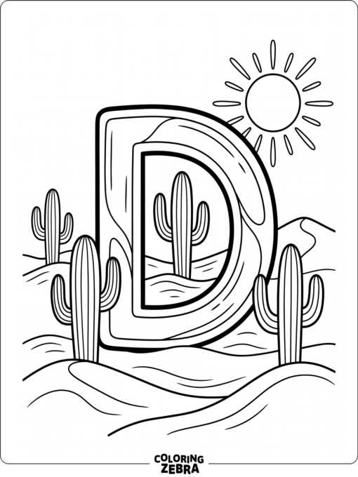 Una escena del desierto con un cactus y una gran letra D