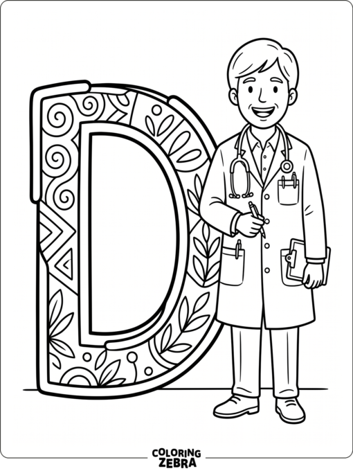 Un médico está de pie junto a una gran letra D