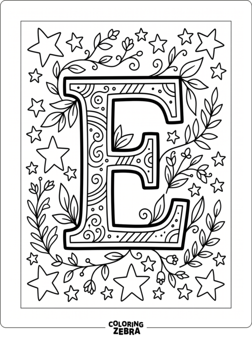 A bold letter E with stars and leaves around it