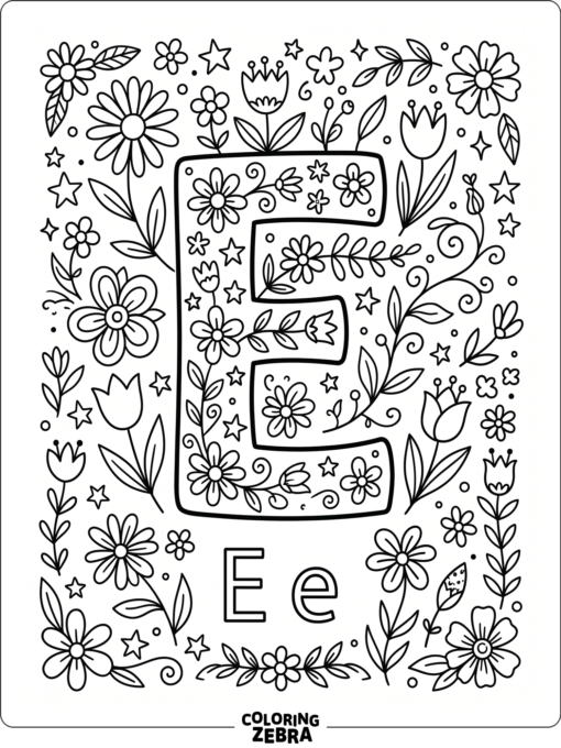 An alphabet letter E with floral accents