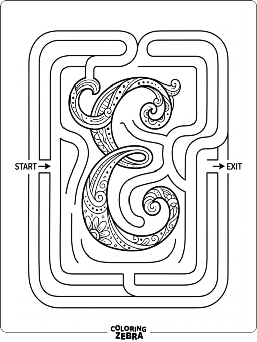 A letter E with a small maze path